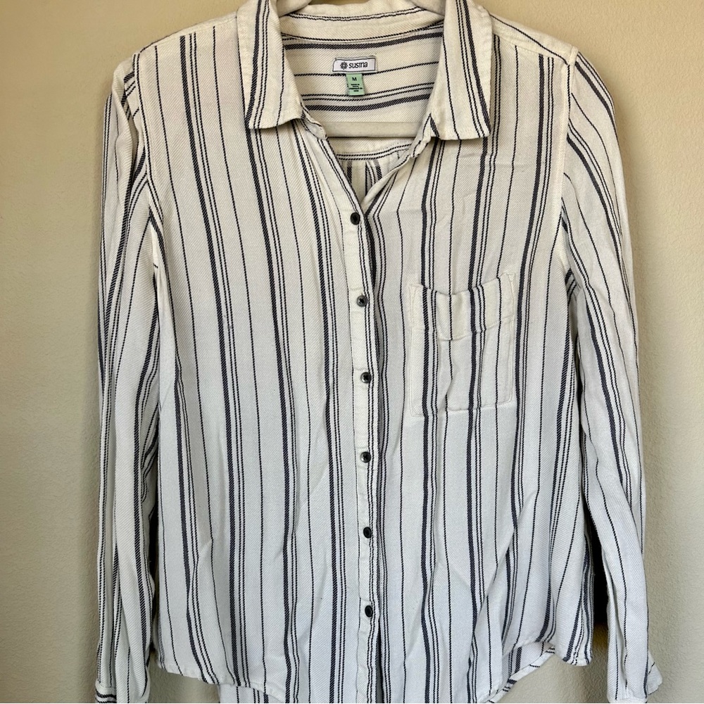 Navy & Cream Striped Button Up. Very lightweight.